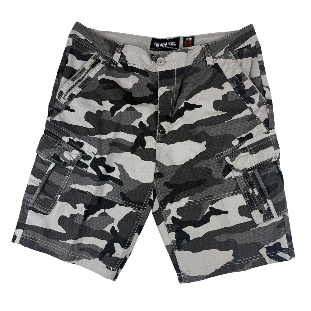 Ecko Unltd Cargo Shorts Mens 34 Gray Black Camo Ripstop Multi-Pocket Streetwear